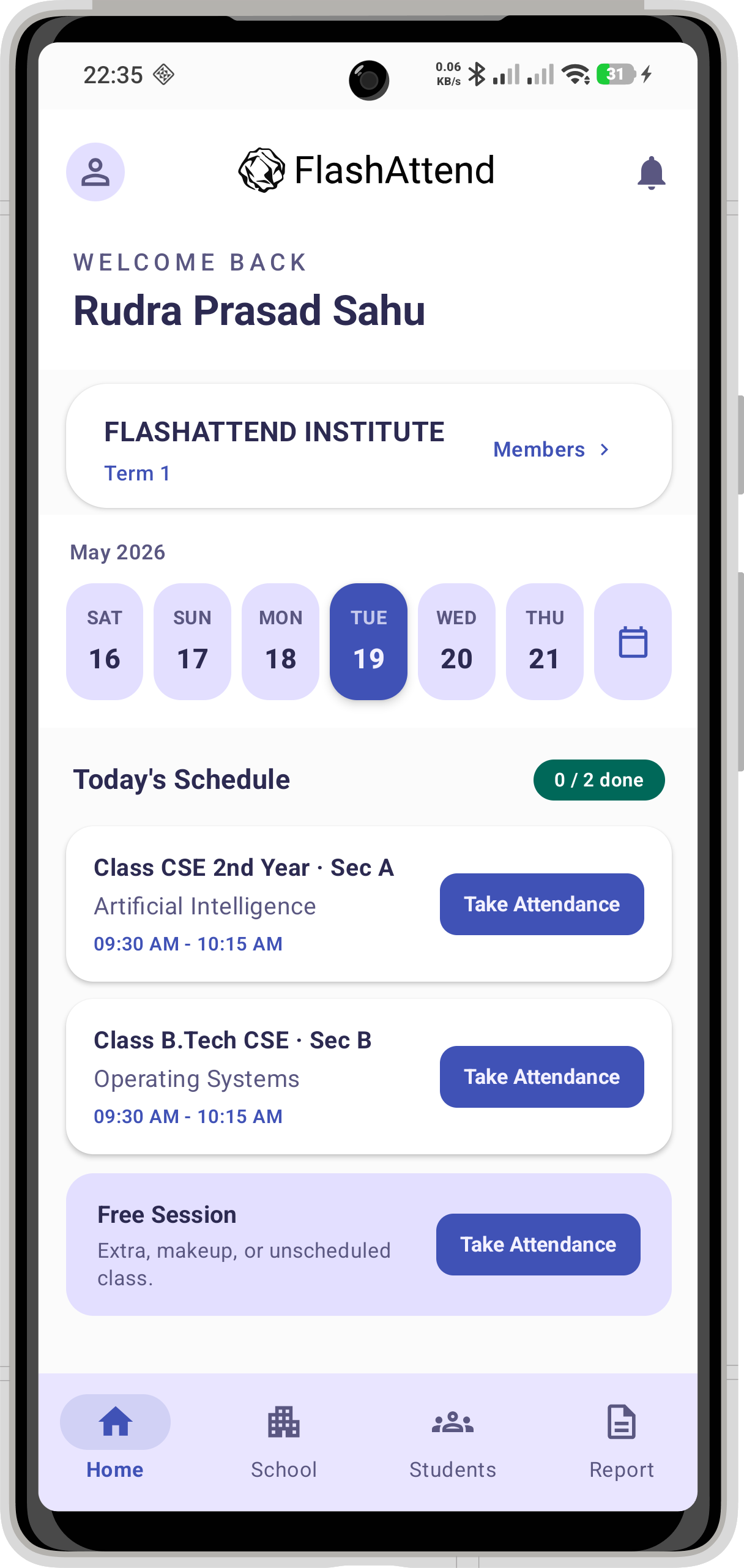 FlashAttend app home screen