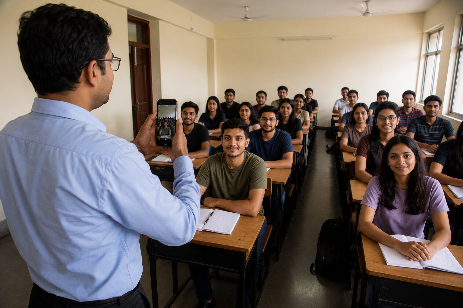 Teacher using FlashAttend on a smartphone in a classroom
