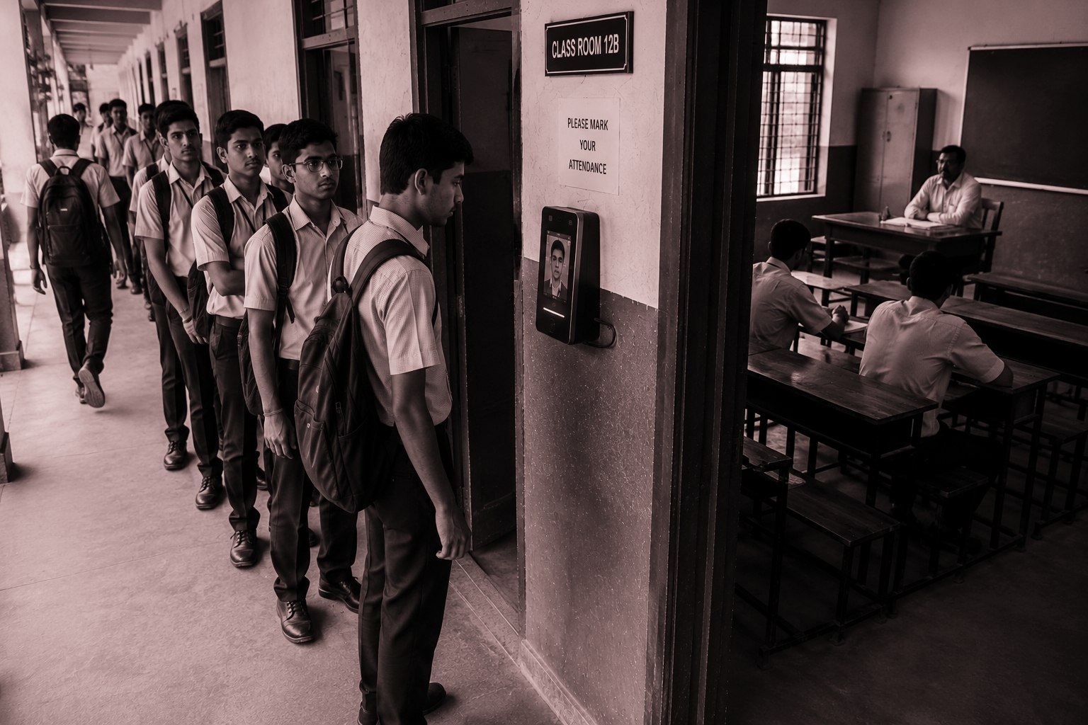 Students waiting in a biometric attendance queue