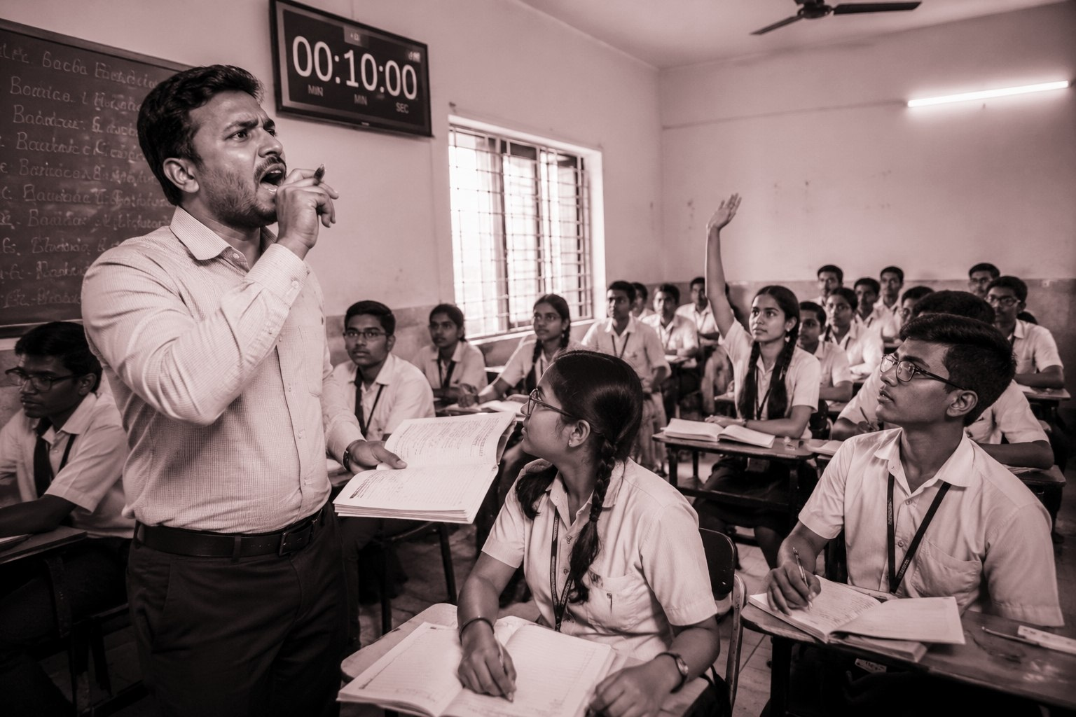 Teacher taking manual roll call in a classroom