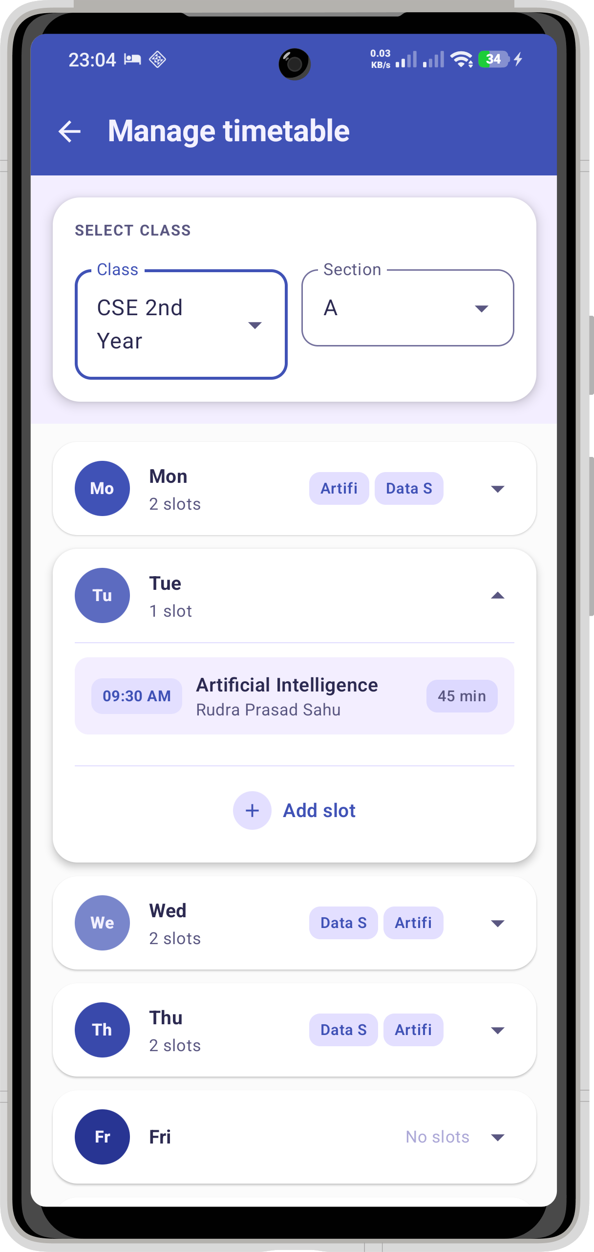 FlashAttend timetable management screen